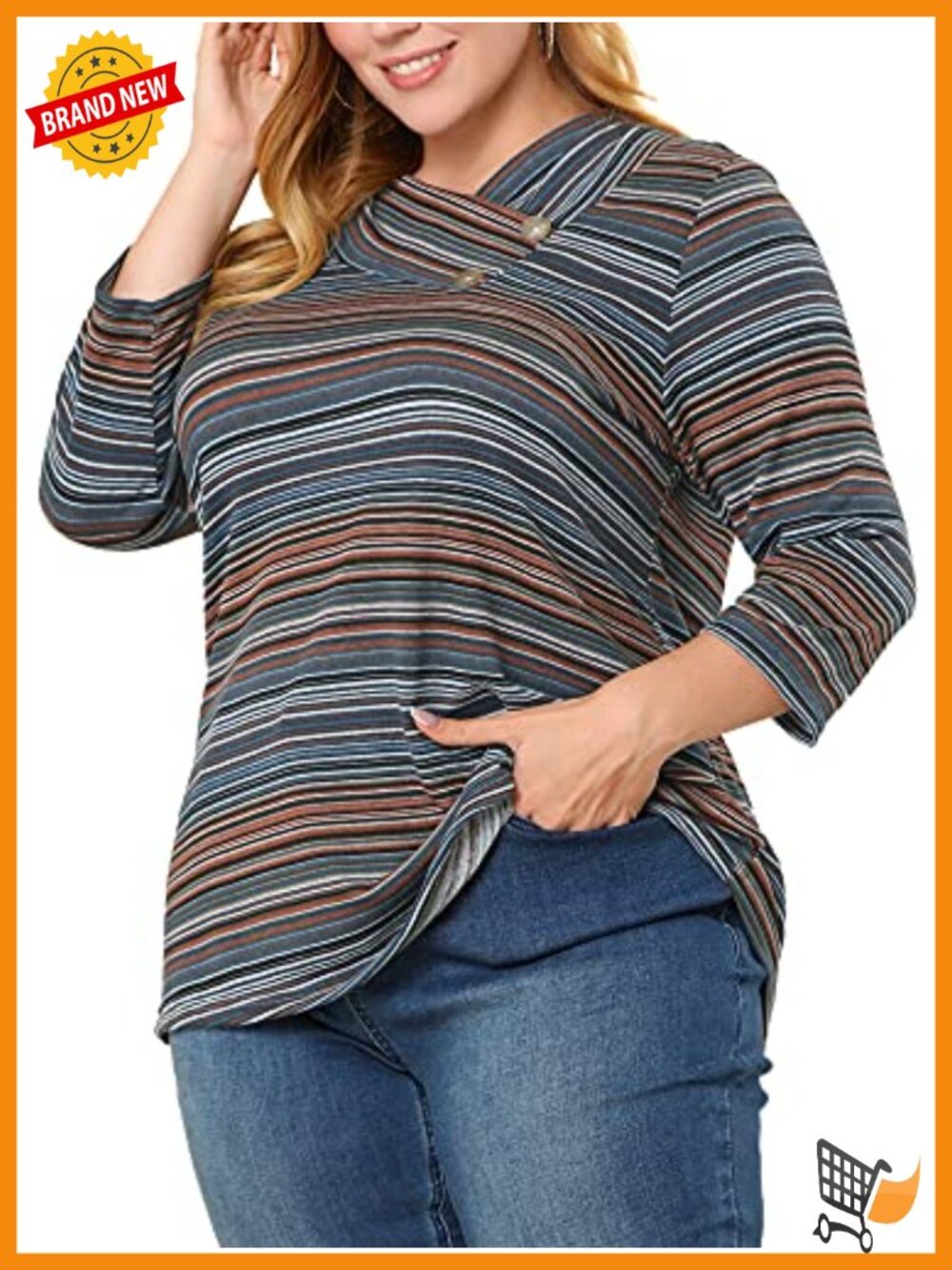 Plus Size 3/4 Sleeve Knit Striped Asymmetric Neck Tunic Blouse